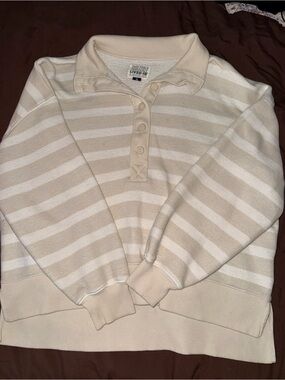 American Eagle Outfitters Striped Collared Pullover Sweater - Cream and White